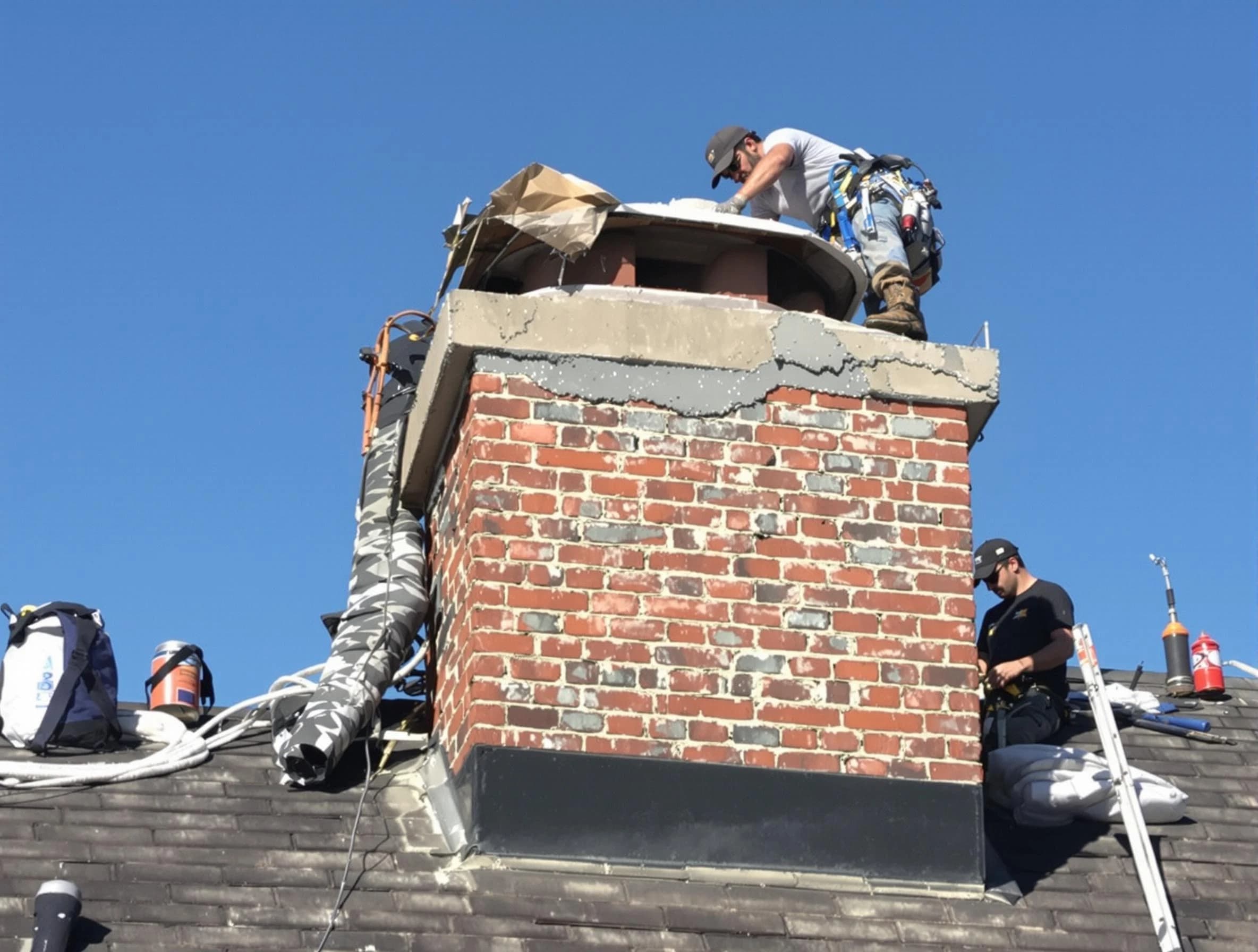 Cranford Chimney Sweep installing a custom chimney crown in Cranford, NJ