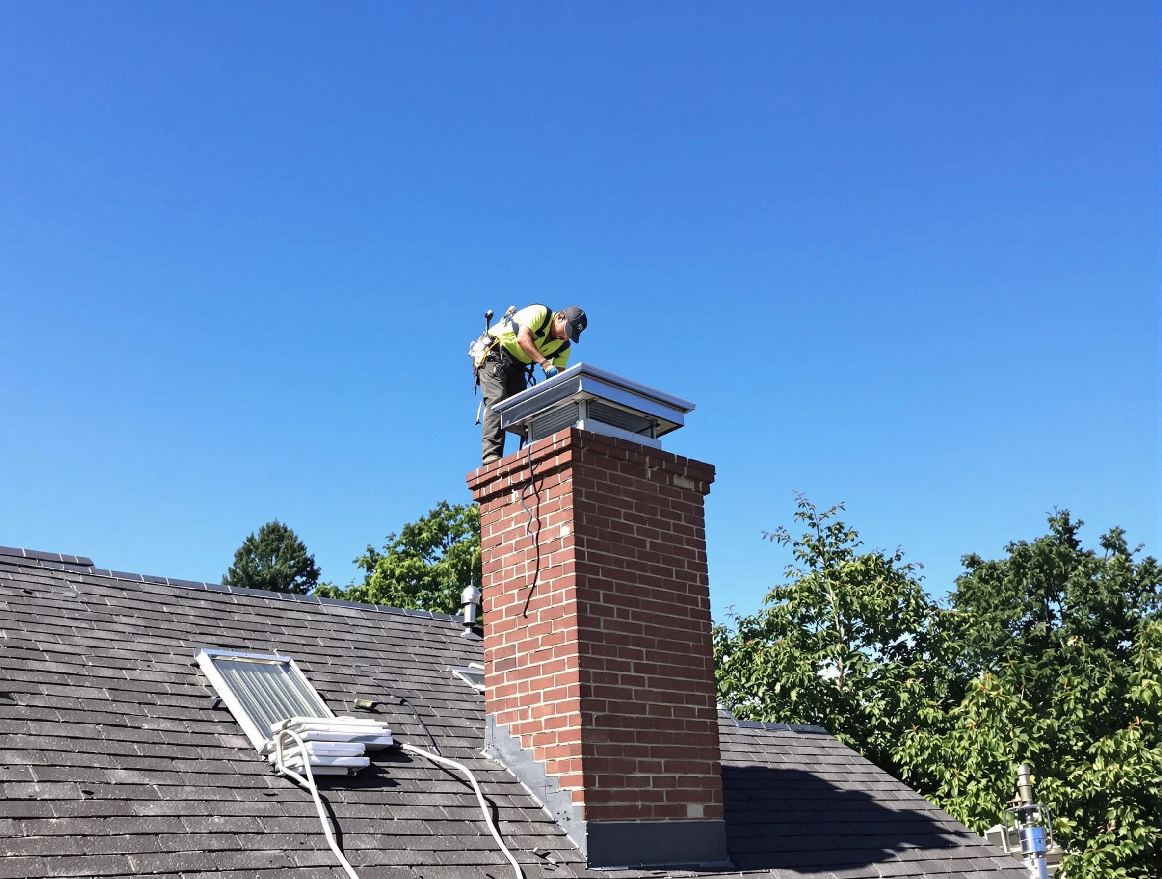 Cranford Chimney Sweep technician measuring a chimney cap in Cranford, NJ
